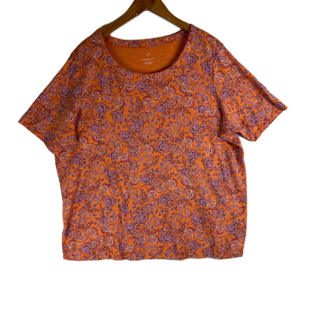 J.Jill Orange Paisley Pima Slub Scoop Neck Side Slit Tee Plus Size 2X KTP291251